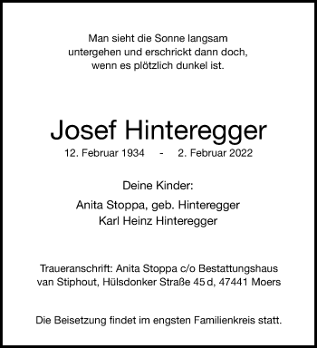 Traueranzeige von Josef Hinteregger von trauer.mein.krefeld.de