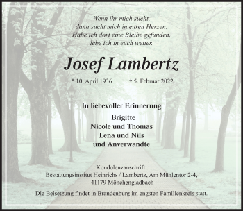 Traueranzeige von Josef Lambertz von trauer.extra-tipp-moenchengladbach.de