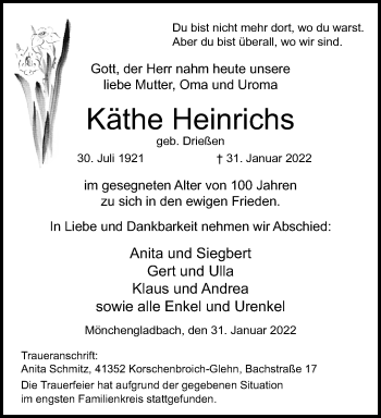 Traueranzeige von Käthe Heinrichs von trauer.extra-tipp-moenchengladbach.de