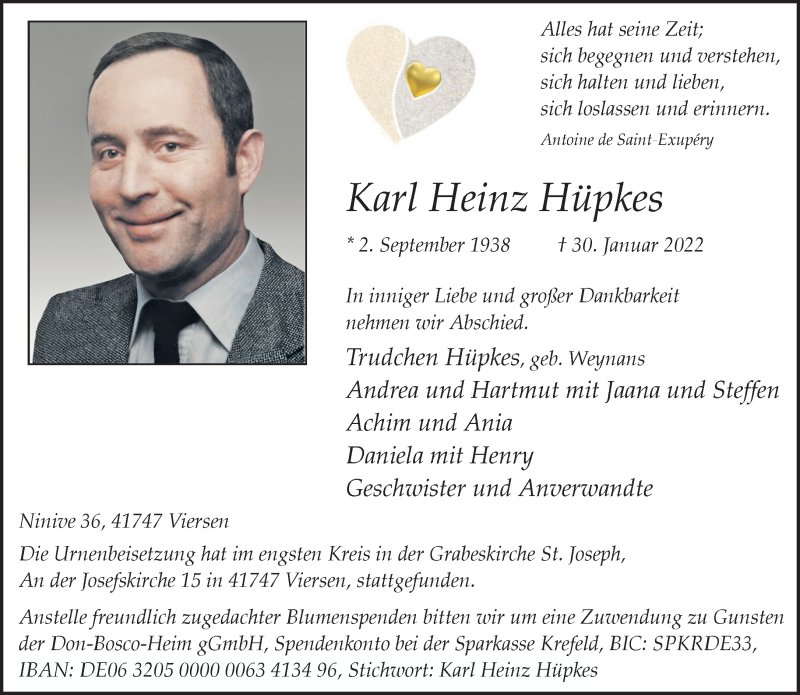  Traueranzeige für Karl Heinz Hüpkes vom 13.02.2022 aus trauer.extra-tipp-moenchengladbach.de