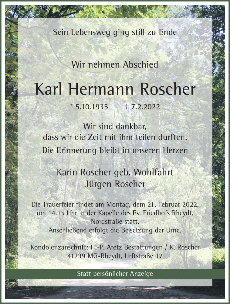 Traueranzeige für Karl Hermann Roscher vom 13.02.2022 aus trauer.extra-tipp-moenchengladbach.de