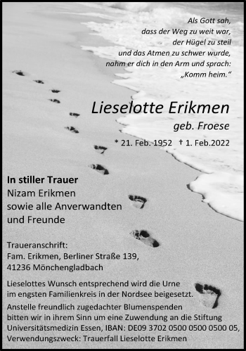 Traueranzeige von Lieselotte Erikmen von trauer.extra-tipp-moenchengladbach.de