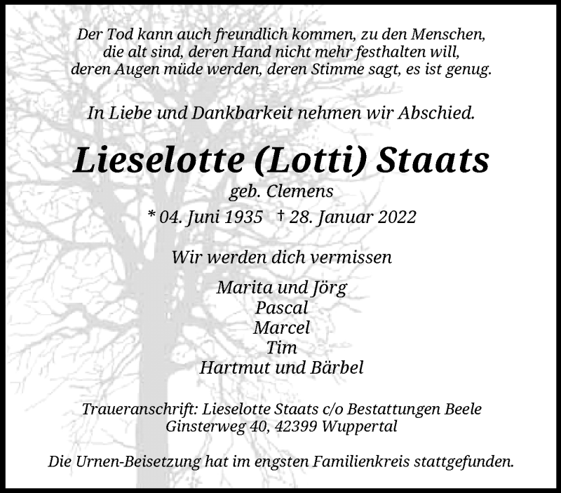  Traueranzeige für Lieselotte Staats vom 19.02.2022 aus trauer.wuppertaler-rundschau.de