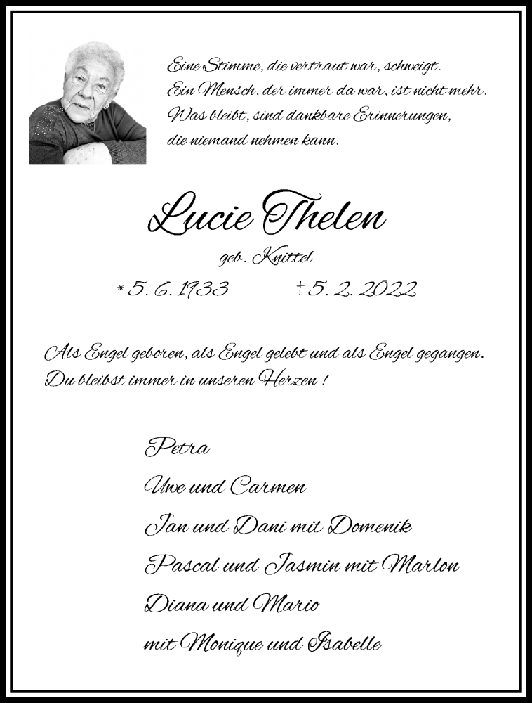  Traueranzeige für Lucie Thelen vom 19.02.2022 aus trauer.wuppertaler-rundschau.de