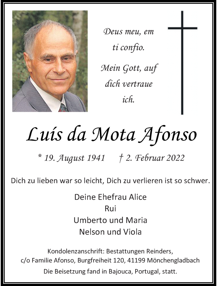  Traueranzeige für Luis da Mota Afonso vom 13.02.2022 aus trauer.extra-tipp-moenchengladbach.de
