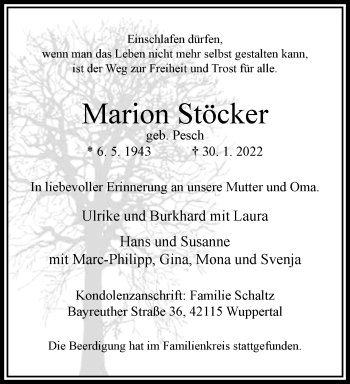 Traueranzeige von Marion Stöcker von trauer.wuppertaler-rundschau.de