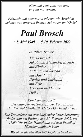 Traueranzeige von Paul Brosch von trauer.extra-tipp-moenchengladbach.de