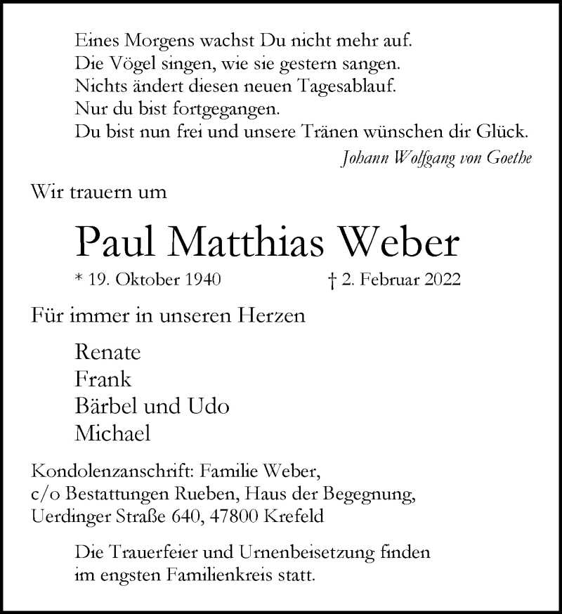  Traueranzeige für Paul Matthias Weber vom 06.02.2022 aus trauer.mein.krefeld.de