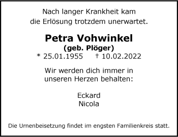 Traueranzeige von Petra Vohwinkel von trauer.wuppertaler-rundschau.de