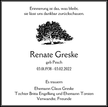 Traueranzeige von Renate Greske von trauer.wuppertaler-rundschau.de