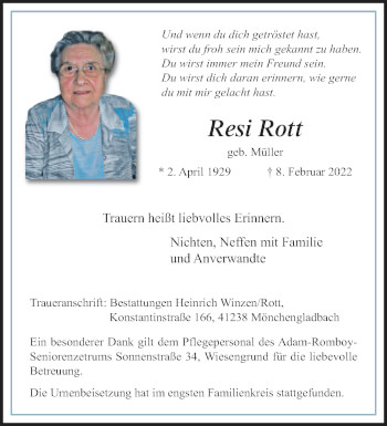 Traueranzeige von Resi Rott von trauer.extra-tipp-moenchengladbach.de