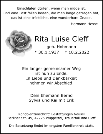 Traueranzeige von Rita Luise Cleff von trauer.wuppertaler-rundschau.de