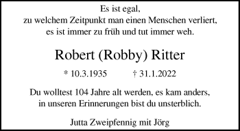 Traueranzeige von Robert Ritter von trauer.wuppertaler-rundschau.de