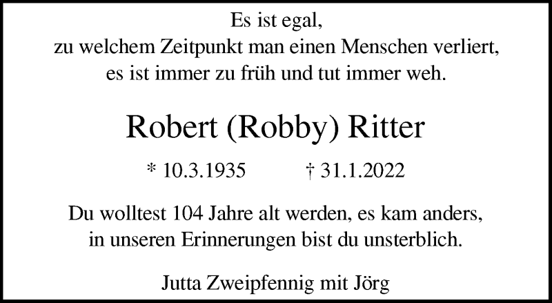  Traueranzeige für Robert Ritter vom 19.02.2022 aus trauer.wuppertaler-rundschau.de