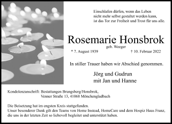 Traueranzeige von Rosemarie Honsbrok von trauer.extra-tipp-moenchengladbach.de