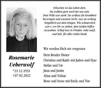 Traueranzeige von Rosemarie Ueberwolf von trauer.extra-tipp-moenchengladbach.de