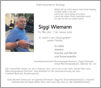 Traueranzeige von Siggi Wiemann von trauer.extra-tipp-moenchengladbach.de