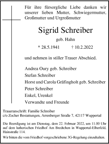 Traueranzeige von Sigrid Schreiber von trauer.wuppertaler-rundschau.de