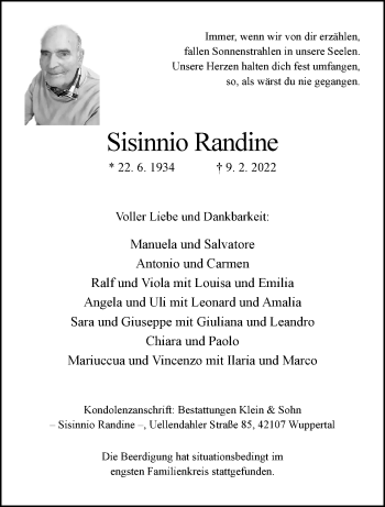 Traueranzeige von Sisinnio Randine von trauer.wuppertaler-rundschau.de