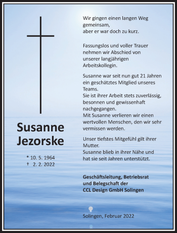 Traueranzeige von Susanne Jezorske von trauer.wuppertaler-rundschau.de