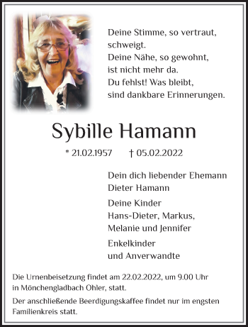 Traueranzeige von Sybille Hamann von trauer.extra-tipp-moenchengladbach.de