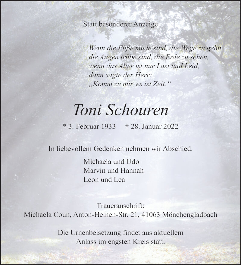  Traueranzeige für Toni Schouren vom 06.02.2022 aus trauer.extra-tipp-moenchengladbach.de
