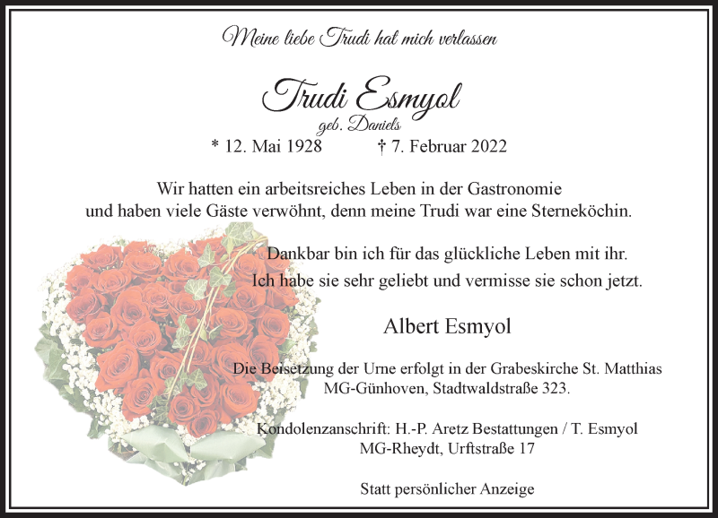  Traueranzeige für Trudi Esmyol vom 13.02.2022 aus trauer.extra-tipp-moenchengladbach.de