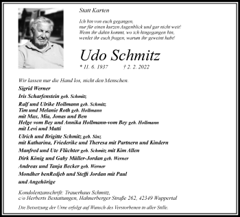 Traueranzeige von Udo Schmitz von trauer.wuppertaler-rundschau.de