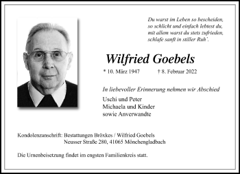 Traueranzeige von Wilfried Goebels von trauer.extra-tipp-moenchengladbach.de