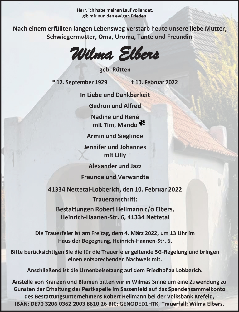  Traueranzeige für Wilma Elbers vom 20.02.2022 aus trauer.extra-tipp-moenchengladbach.de