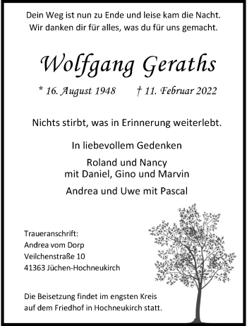 Traueranzeige von Wolfgang Geraths von trauer.extra-tipp-moenchengladbach.de