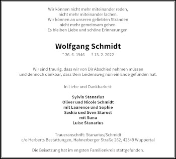 Traueranzeige von Wolfgang Schmidt von trauer.wuppertaler-rundschau.de