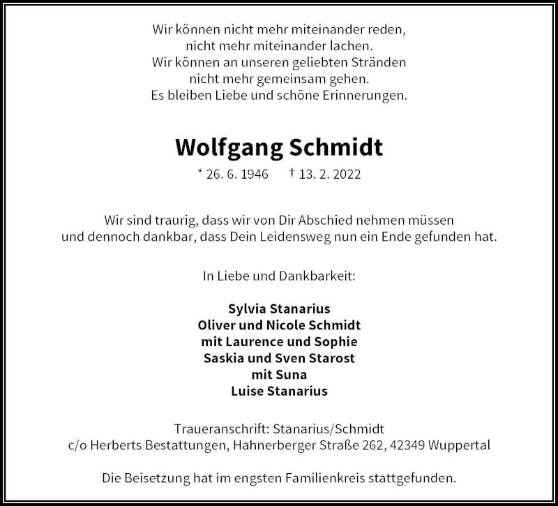  Traueranzeige für Wolfgang Schmidt vom 26.02.2022 aus trauer.wuppertaler-rundschau.de