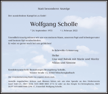 Traueranzeige von Wolfgang Scholle von trauer.extra-tipp-moenchengladbach.de