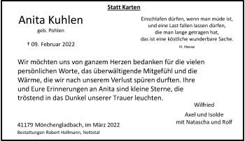 Traueranzeige von Anita Kuhlen von trauer.extra-tipp-moenchengladbach.de