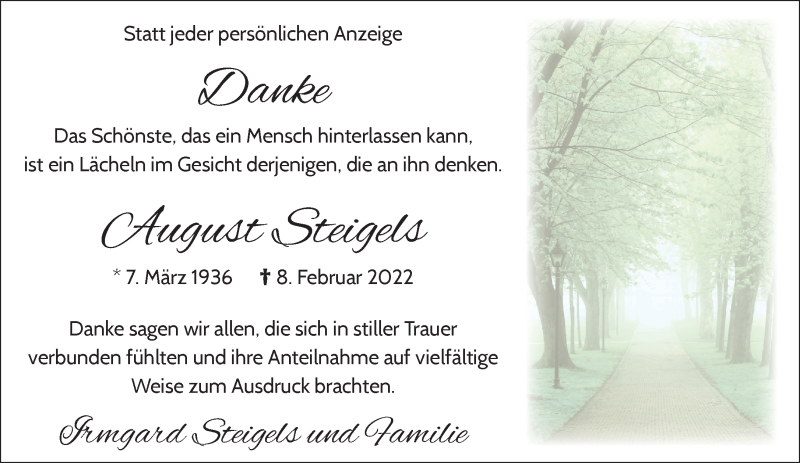  Traueranzeige für August Steigels vom 20.03.2022 aus trauer.extra-tipp-moenchengladbach.de
