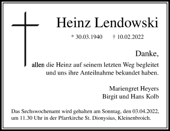 Traueranzeige von Heinz Lendowski von trauer.extra-tipp-moenchengladbach.de