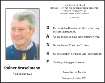 Traueranzeige von Rainer Braselmann von trauer.wuppertaler-rundschau.de
