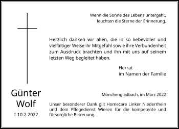 Traueranzeige von Wünter Wolf von trauer.extra-tipp-moenchengladbach.de