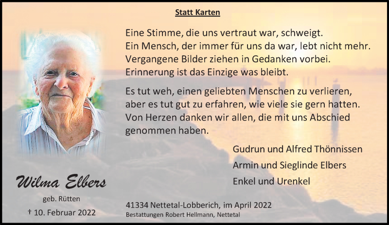  Traueranzeige für Wilma Elbers vom 10.04.2022 aus trauer.extra-tipp-moenchengladbach.de