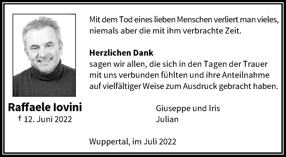  Traueranzeige für Raffaele Iovini vom 16.07.2022 aus trauer.wuppertaler-rundschau.de