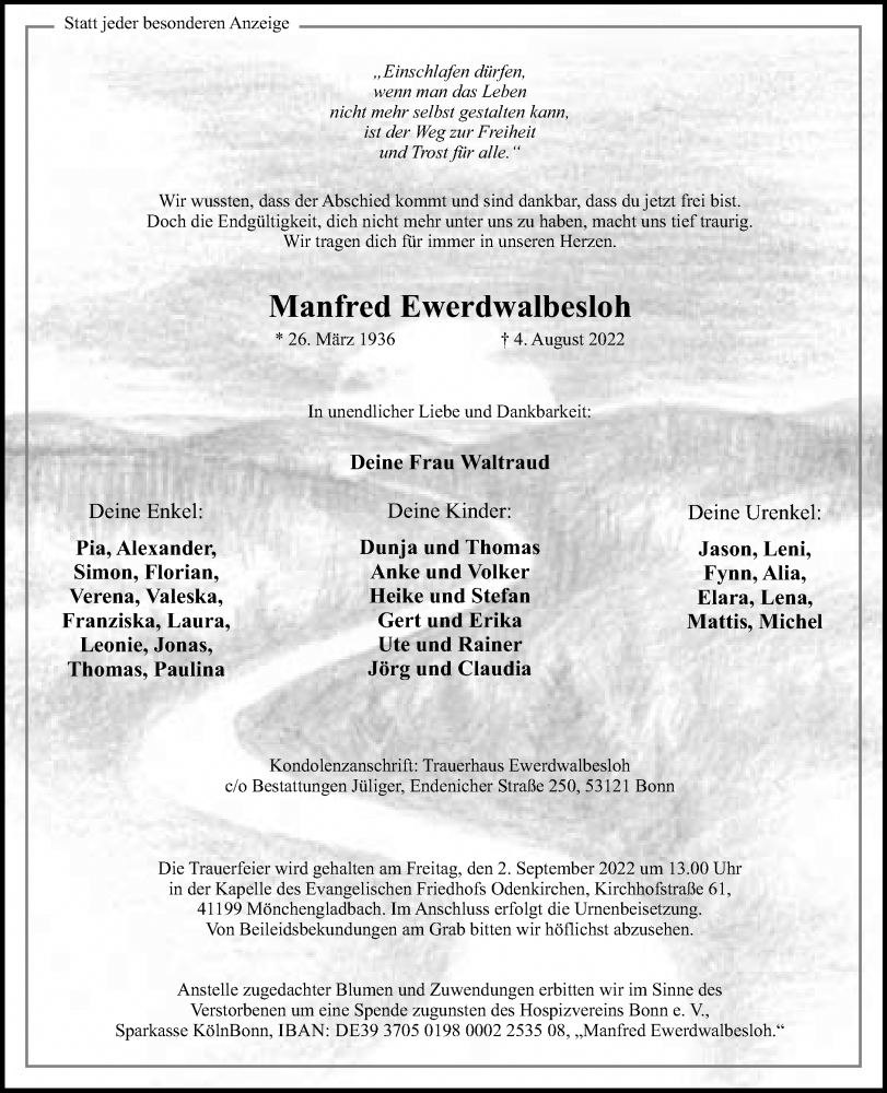  Traueranzeige für Manfred Ewerdwalbesloh vom 21.08.2022 aus trauer.extra-tipp-moenchengladbach.de