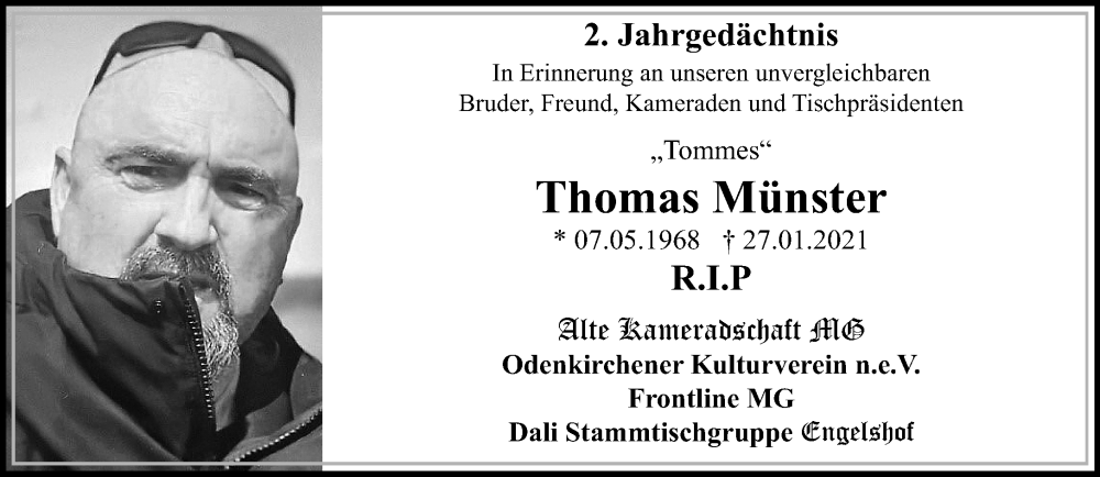  Traueranzeige für Thomas Münster vom 22.01.2023 aus trauer.extra-tipp-moenchengladbach.de