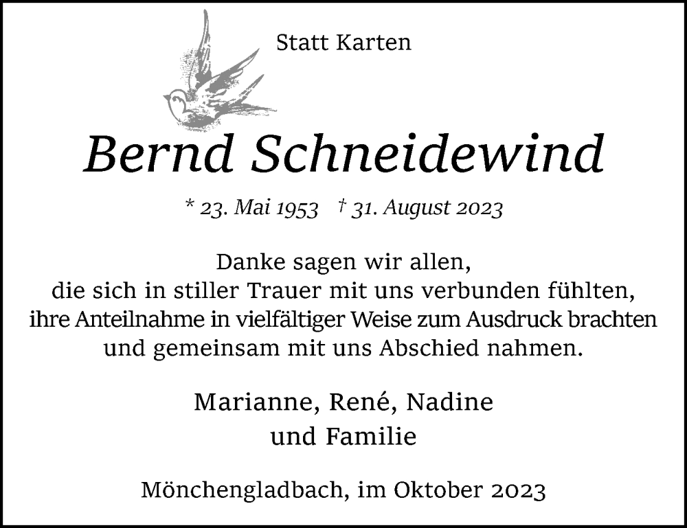  Traueranzeige für Bernd Schneidewind vom 22.10.2023 aus trauer.extra-tipp-moenchengladbach.de