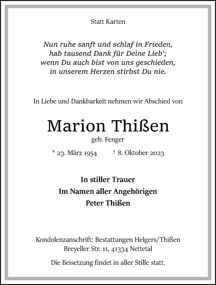  Traueranzeige für Marion Thißen vom 15.10.2023 aus trauer.extra-tipp-moenchengladbach.de