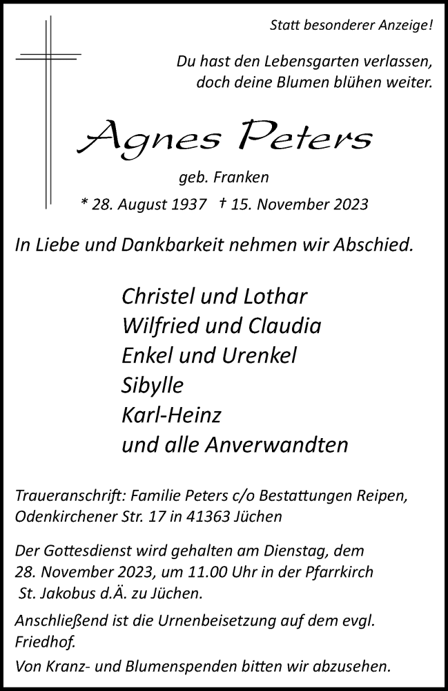  Traueranzeige für Agnes Peters vom 25.11.2023 aus trauer.stadt-kurier.de