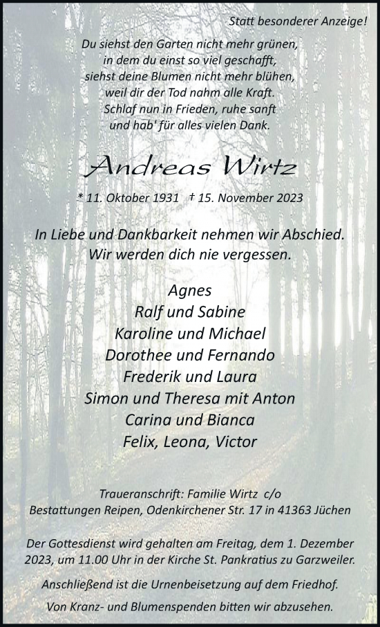 Traueranzeige von Andreas Wirtz von trauer.stadt-kurier.de