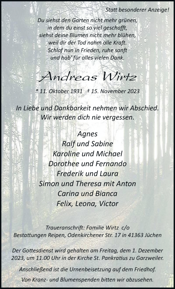  Traueranzeige für Andreas Wirtz vom 25.11.2023 aus trauer.stadt-kurier.de