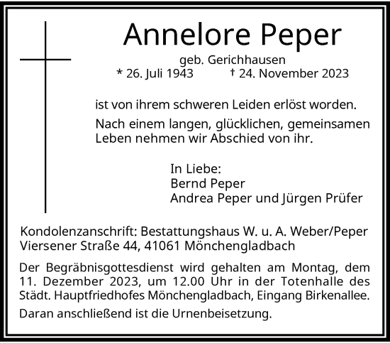 Traueranzeige von Annelore Peper von trauer.extra-tipp-moenchengladbach.de