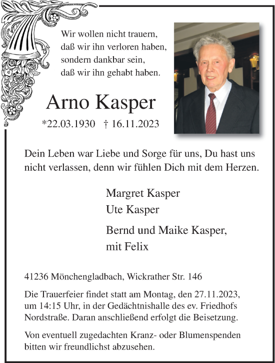 Traueranzeige von Arno Kasper von trauer.extra-tipp-moenchengladbach.de